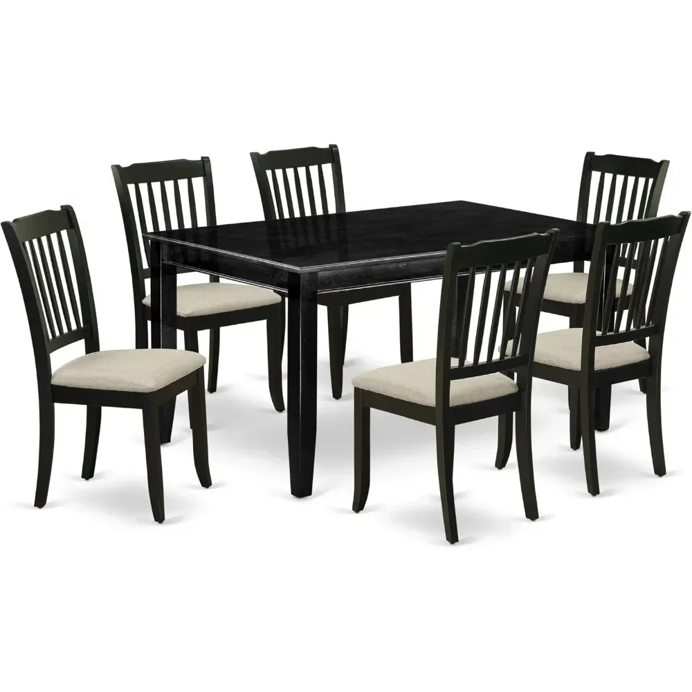 Dining Tables, 7 Piece Kitchen Set Consist of A Rectangle Table and 6 Linen Fabric Dining Room Chairs, 36x60 Inch, Dining Tables