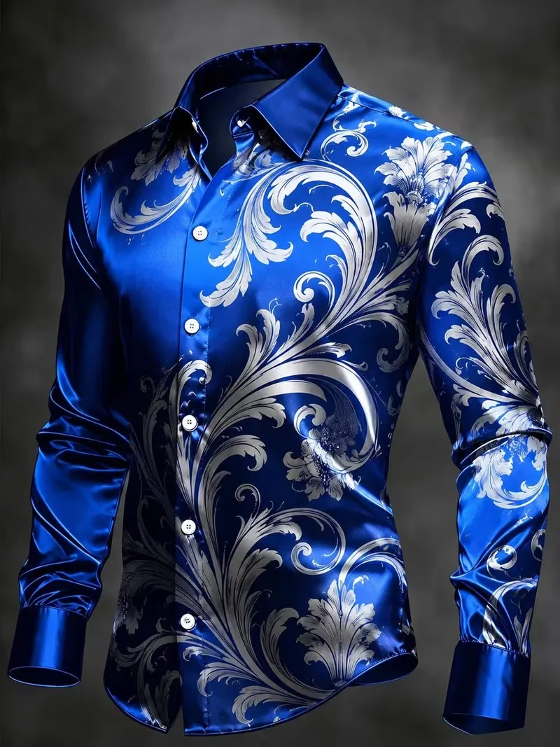 New style navy blue silver white Baroque floral 3D printed long sleeved shirt with high-end feel for men's formal wear