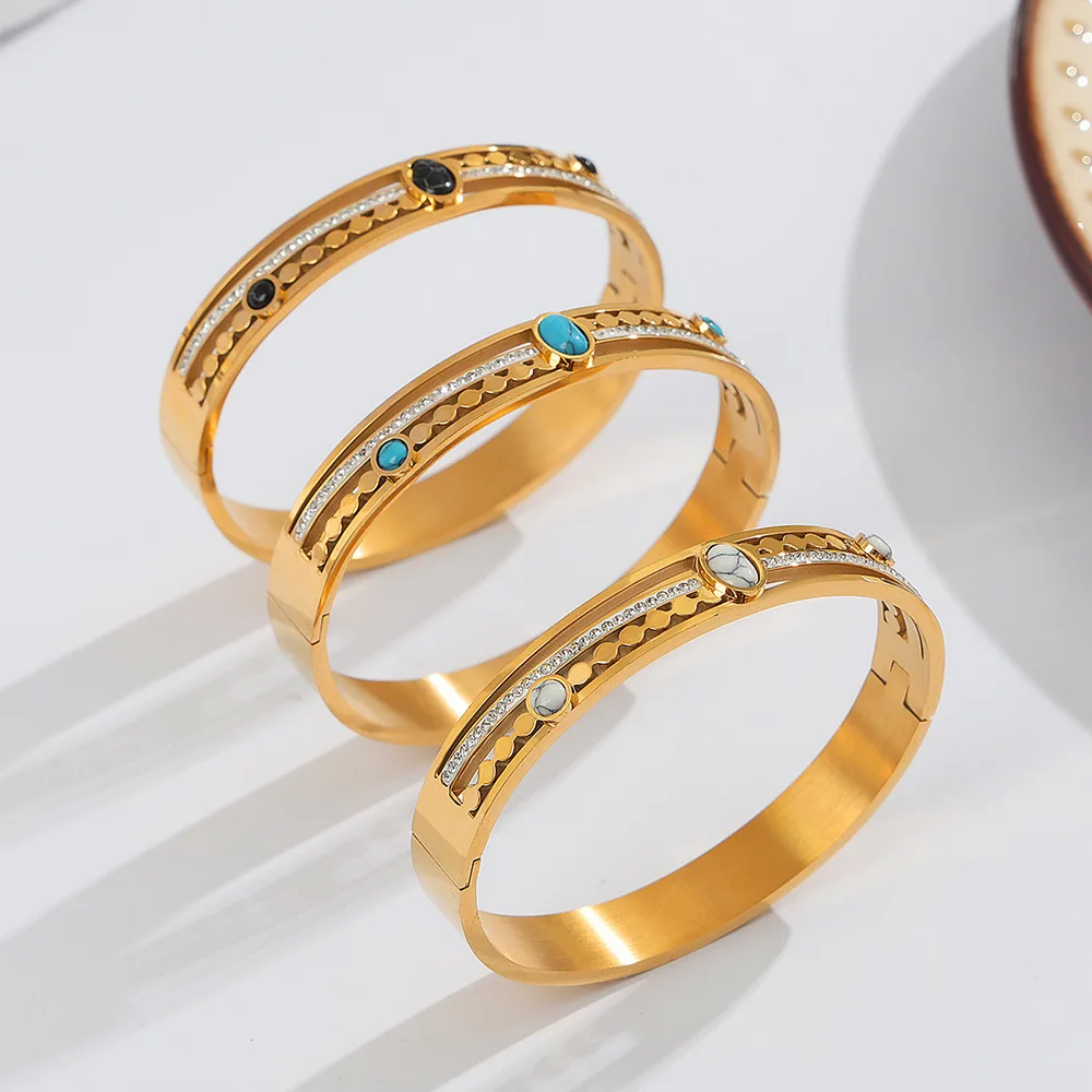 Inlaid Turquoise Stainless Steel Bracelet For Women Gold-Plated  Hollow Women\'s Hand Bracelets Simple Elegant Geometric Bangle
