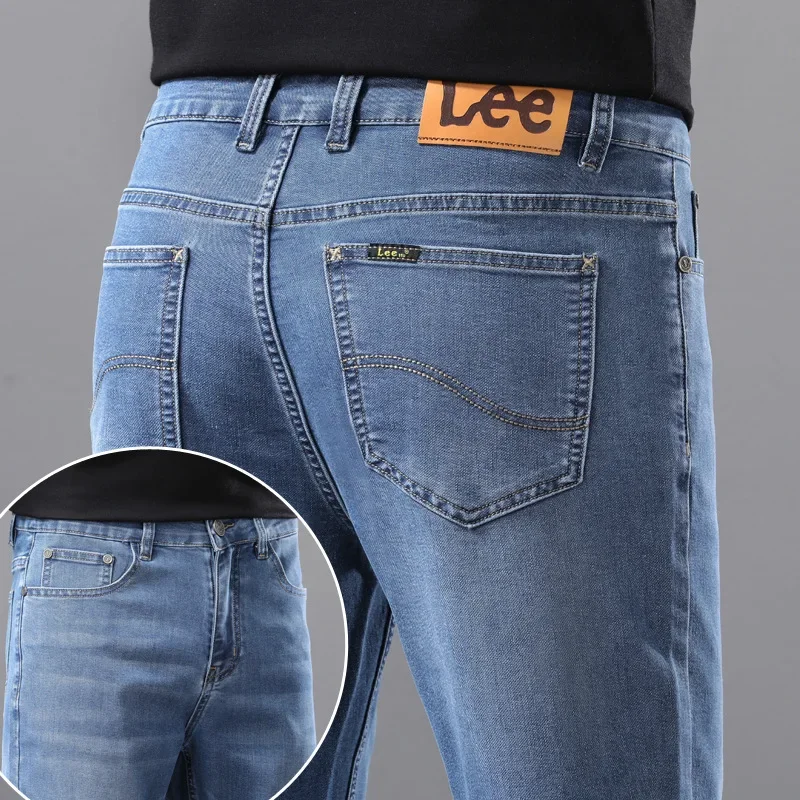 Leettu الربيع الصيف رقيقة الأعمال الجينز الرجال فضفاضة مستقيم الساق مرونة منتصف العمر عالية الخصر غسلها السراويل الزرقاء #3