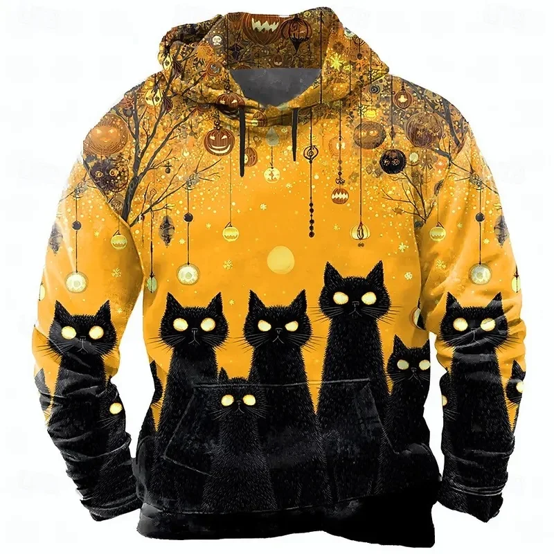 Halloween Men's Cat Pumpkin Hoodie Sweatshirt Punk Exaggerated Crew Neck Club Streetwear Yellow Orange Drawstring Fall Winter