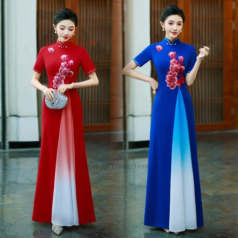 

2025 traditional dress vietnam aodai improved cheongsam dress national flower embroidery banquet qipao evening dress vestido
