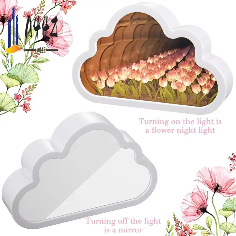 

A44Z-2Sets Cloud Mirror Tulip Lamp Handmade DIY Tulip Night Light Simulation Flower Lights Room Decorations Durable Easy Install