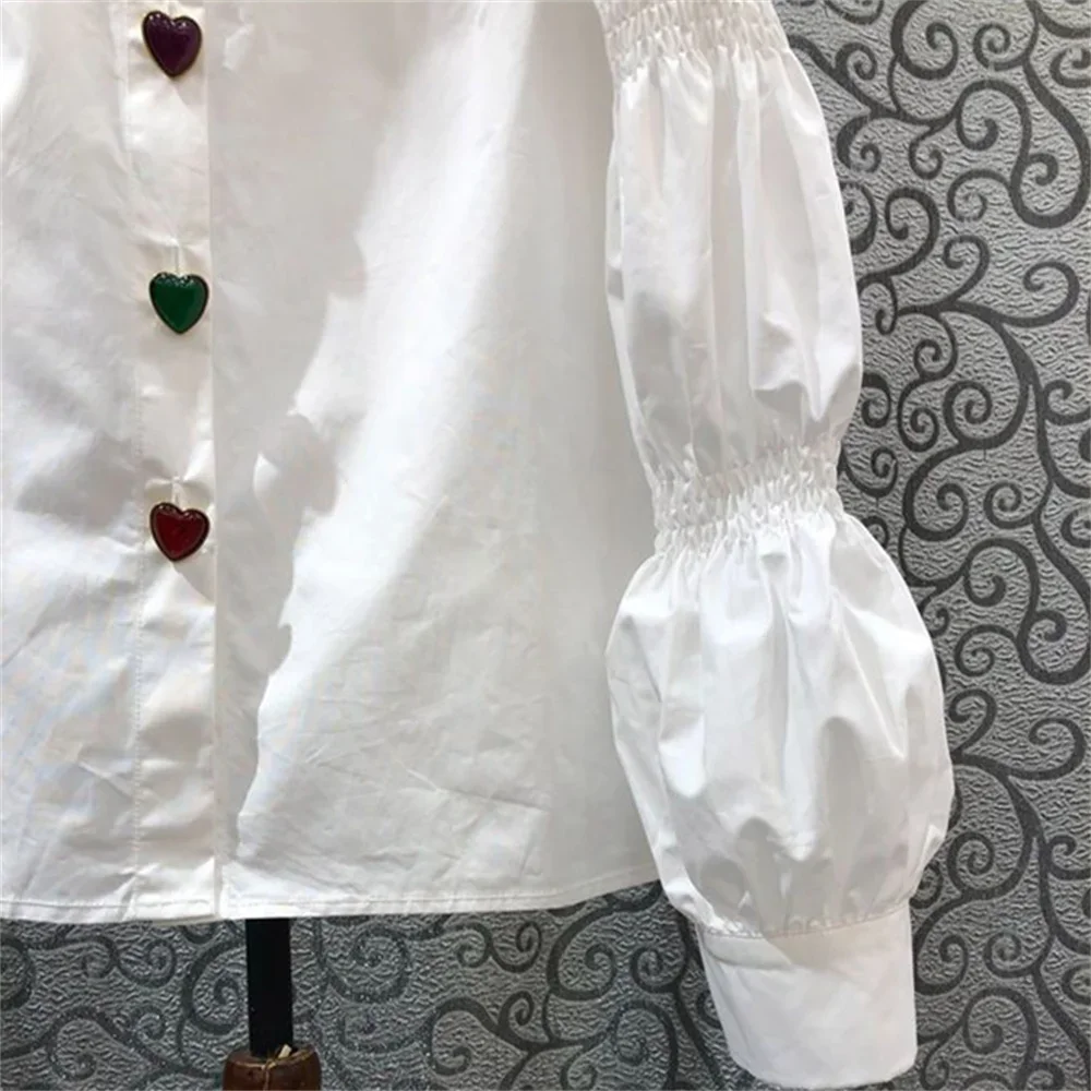 2025 ربيع جديد نفخة الأكمام رفض طوق البلوزات النساء النمط الفرنسي موضة السيدات بلايز قمصان بيضاء البلوزات الكورية خمر