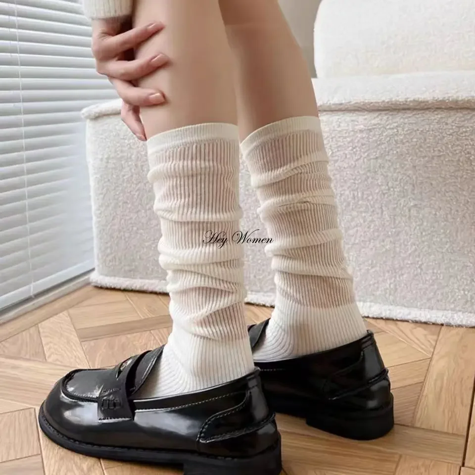 Women's Summer Thin Medium Socks Comfortable Breathable Student Solid Striped Simple Vertical Striped Mesh Cute Harajuku Socks