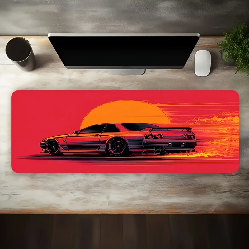 Vintage Decor Gaming Mouse Pad Retro Sports Car Red Sunset Print Large Non Slip Washable Rubber Desk Mat