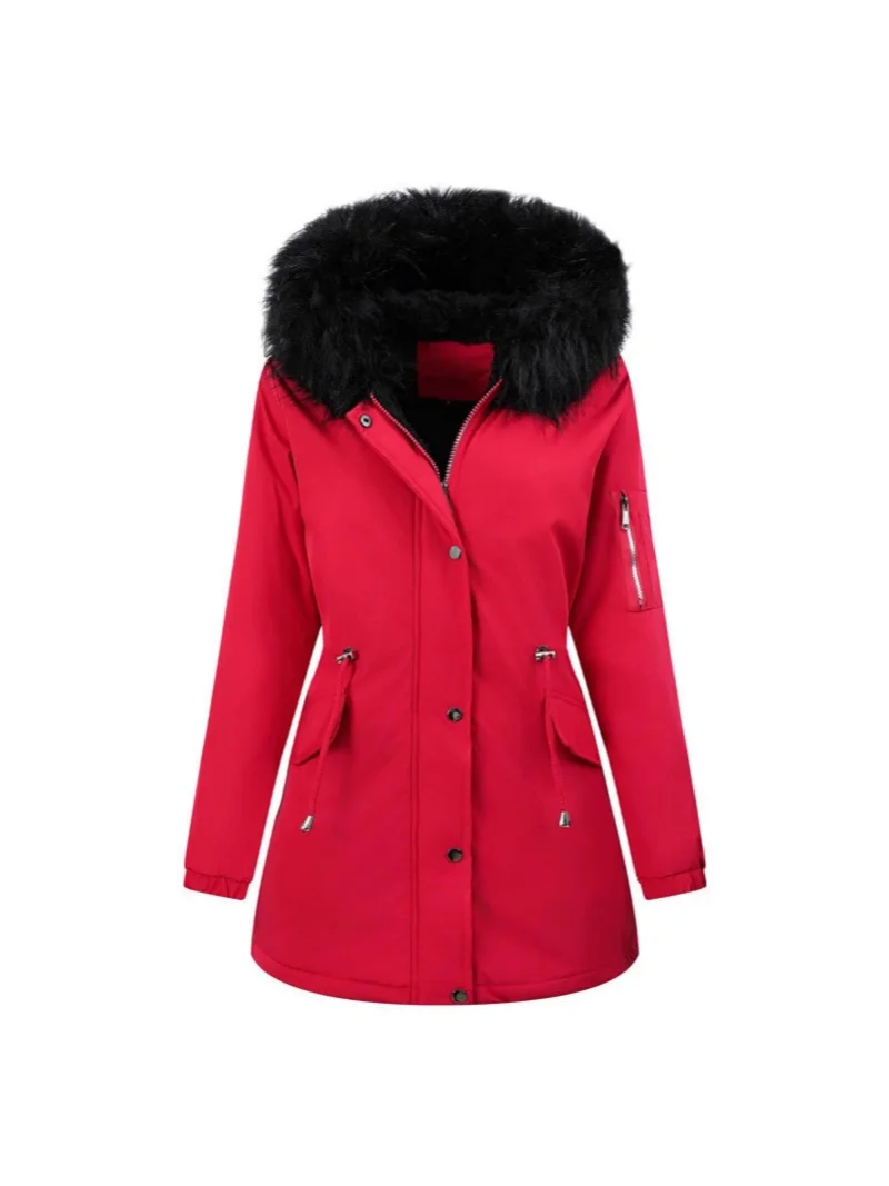 

Women's Mid-Length Hooded Jacket 2025 Winter Warm Waist-Cinched Fleece-Thickened with Woolen Collar Pie Style
