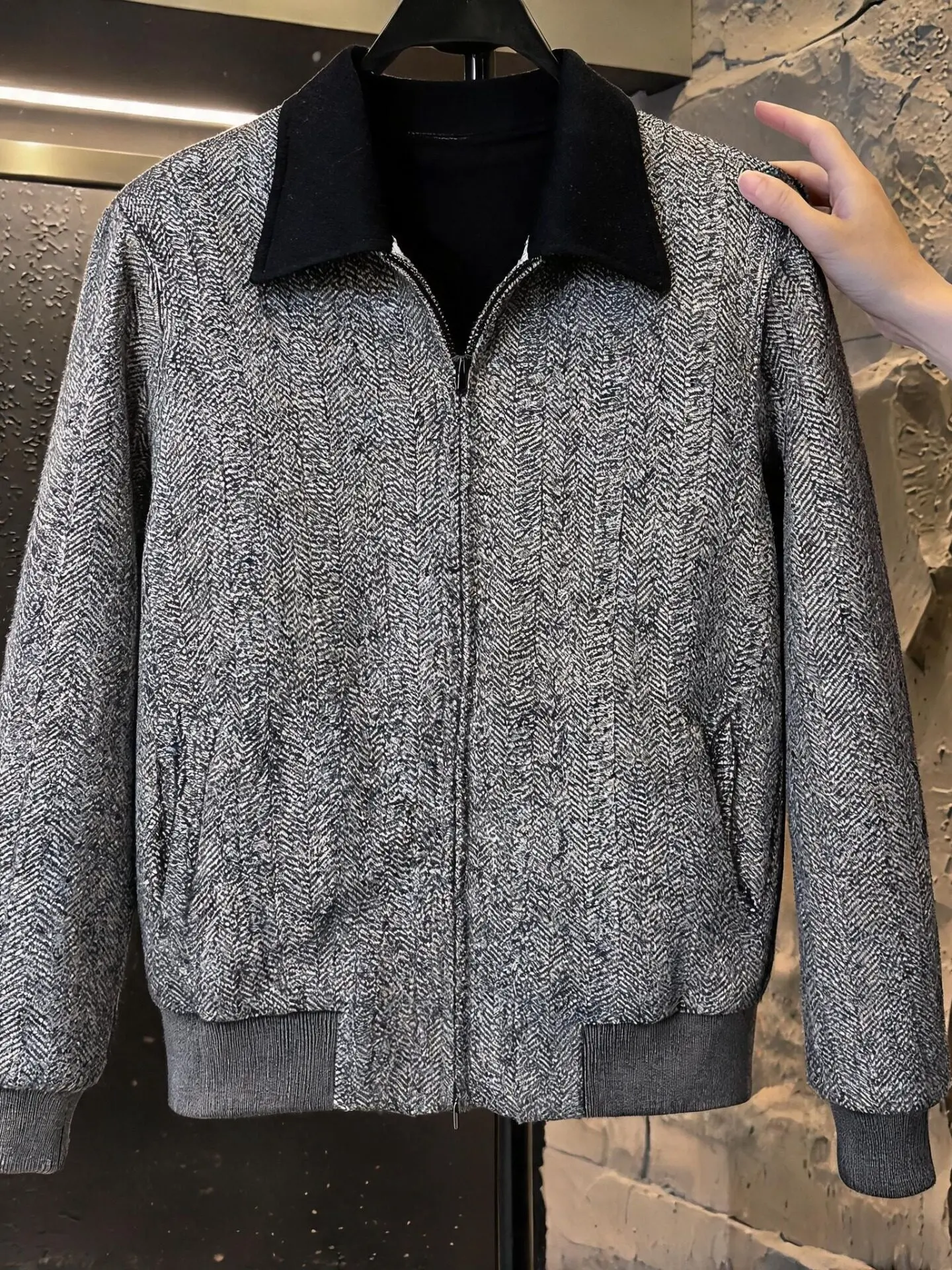 2026 autumn new men's clothing large size trendy men's hooded collar long-sleeved loose plaid jacquard jacket