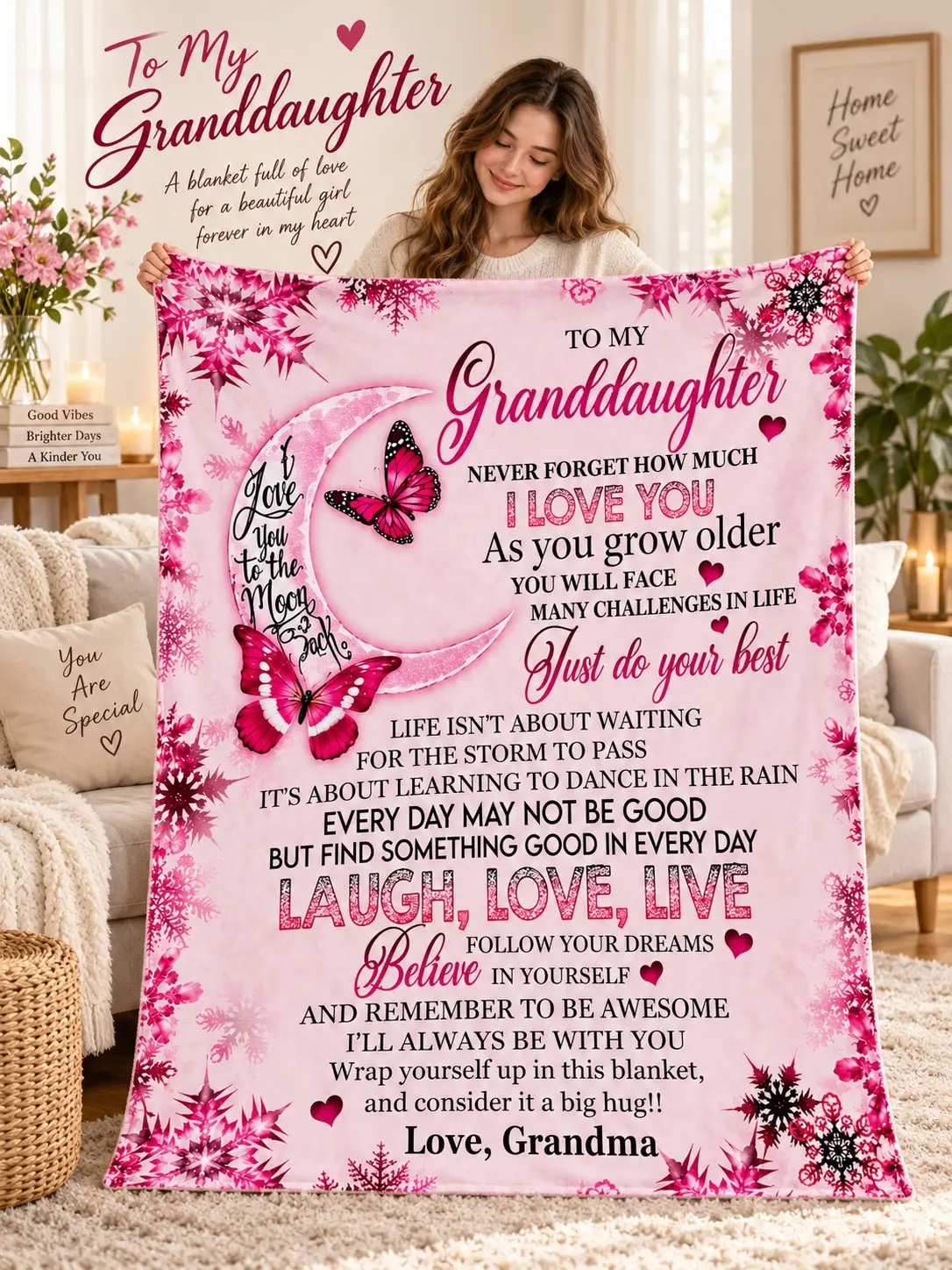 Granddaughter Flannel Blankets & Throws Moon Butterfly Snowflake Encouragement Message Gift From Grandma for Christmas Birthday Thanksgiving Anniversary Couch Bed Bedroom Winter Home Travel Office Dorm Camping Holiday Keepsake Family Present