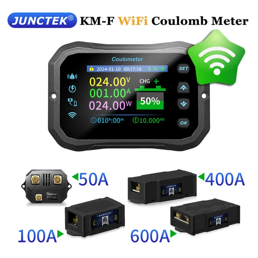 KM-F Coulomb meter with WIFI, high-precision bidirectional current detection, displays battery voltage & power for RV & EV.