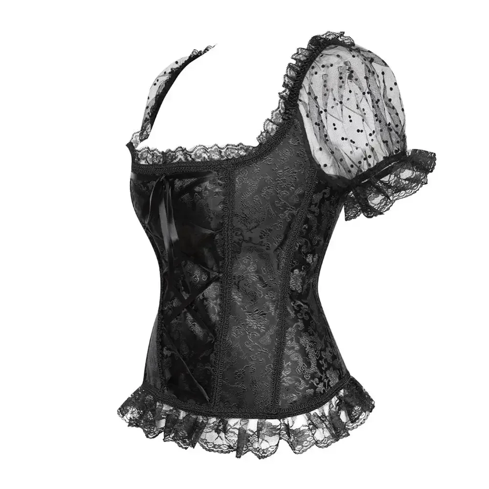 Women Corsets Wedding Corset Bustier with Sleeves Sexy Goth Basques Breathable Lace Trim Bustiers Holiday Party Clubwear Costume