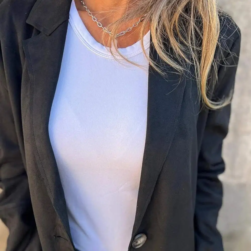 Autumn Women's Casual Long Sleeved Lapel Solid Color Jacket Pocket Button Medium Length Jacket Single-breasted Commuting Jacket