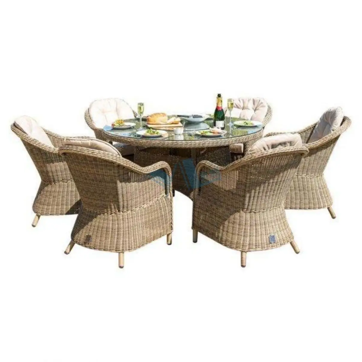 Modern 6-Person Luxury Garden Outdoor Dining Set PE Synthetic Rattan Table Chair with Aluminum & Waterproof Cushions for Hotels