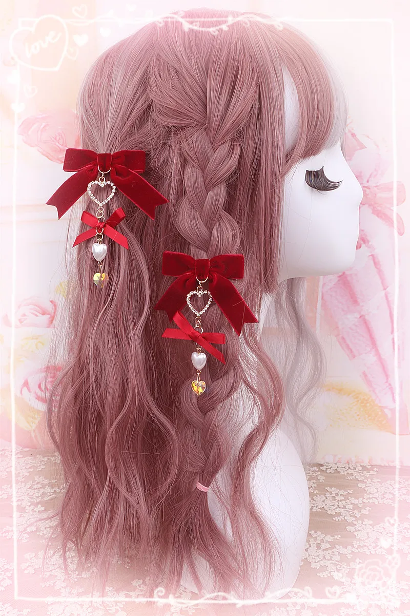 Japanese sweet cute lolit bow Velvet love pendant Hairpin girl accessories lolita hair accessories