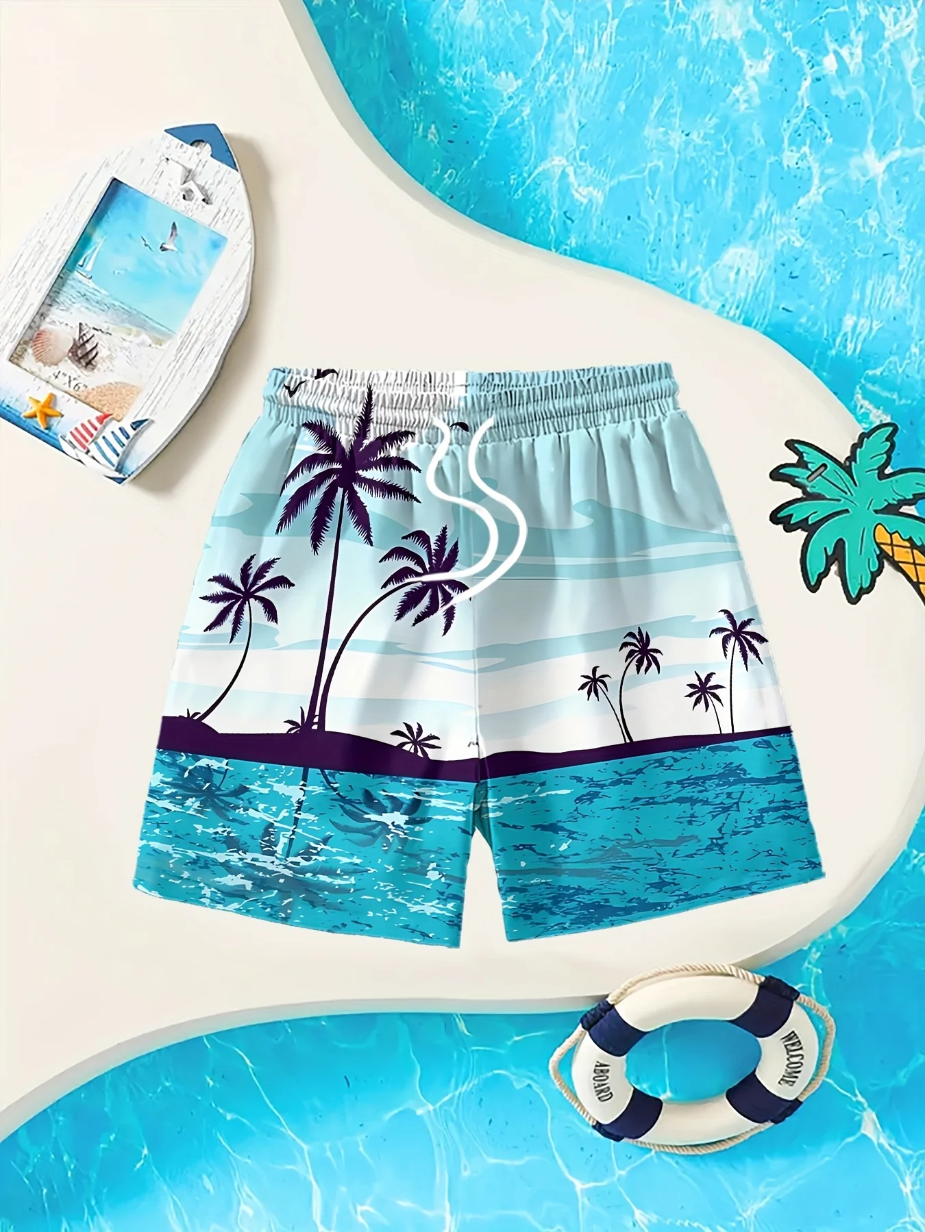 Men Colorful Ocean Theme Printed Beach Shorts Multi Storage Pockets Elastic Waist Short Pants For Summer Vacation Street Look