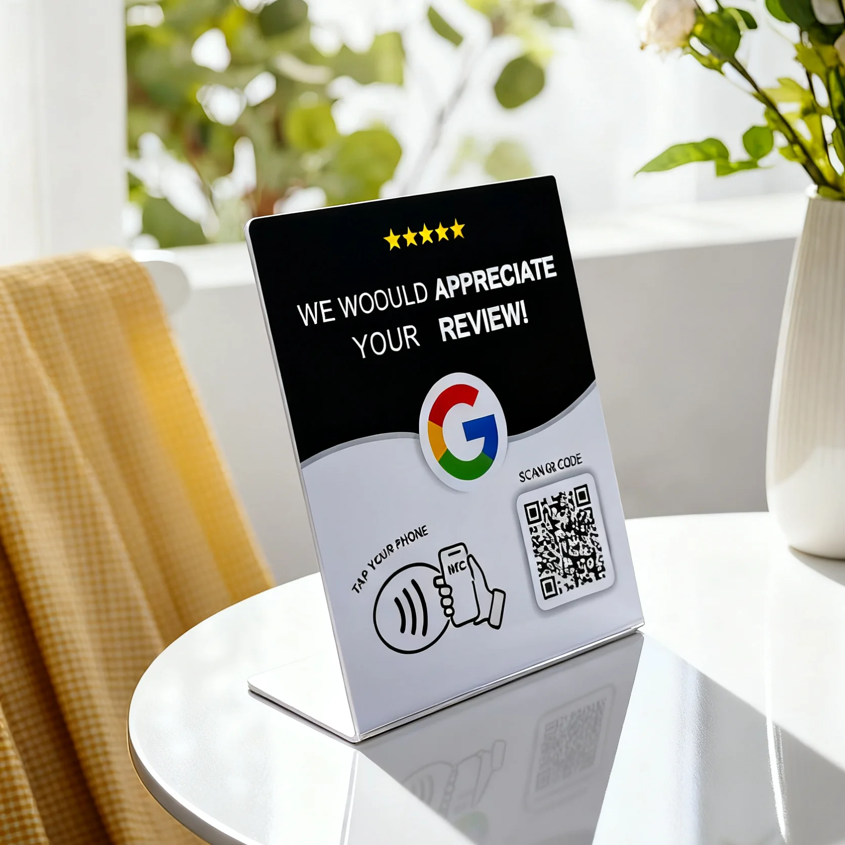 RFID NFC QR-Code Google Review Standdisplay Weiß Schwarz Leeres Muster 13,56 MHz NFC215-Chip 504 Bytes Musterlose soziale Medien