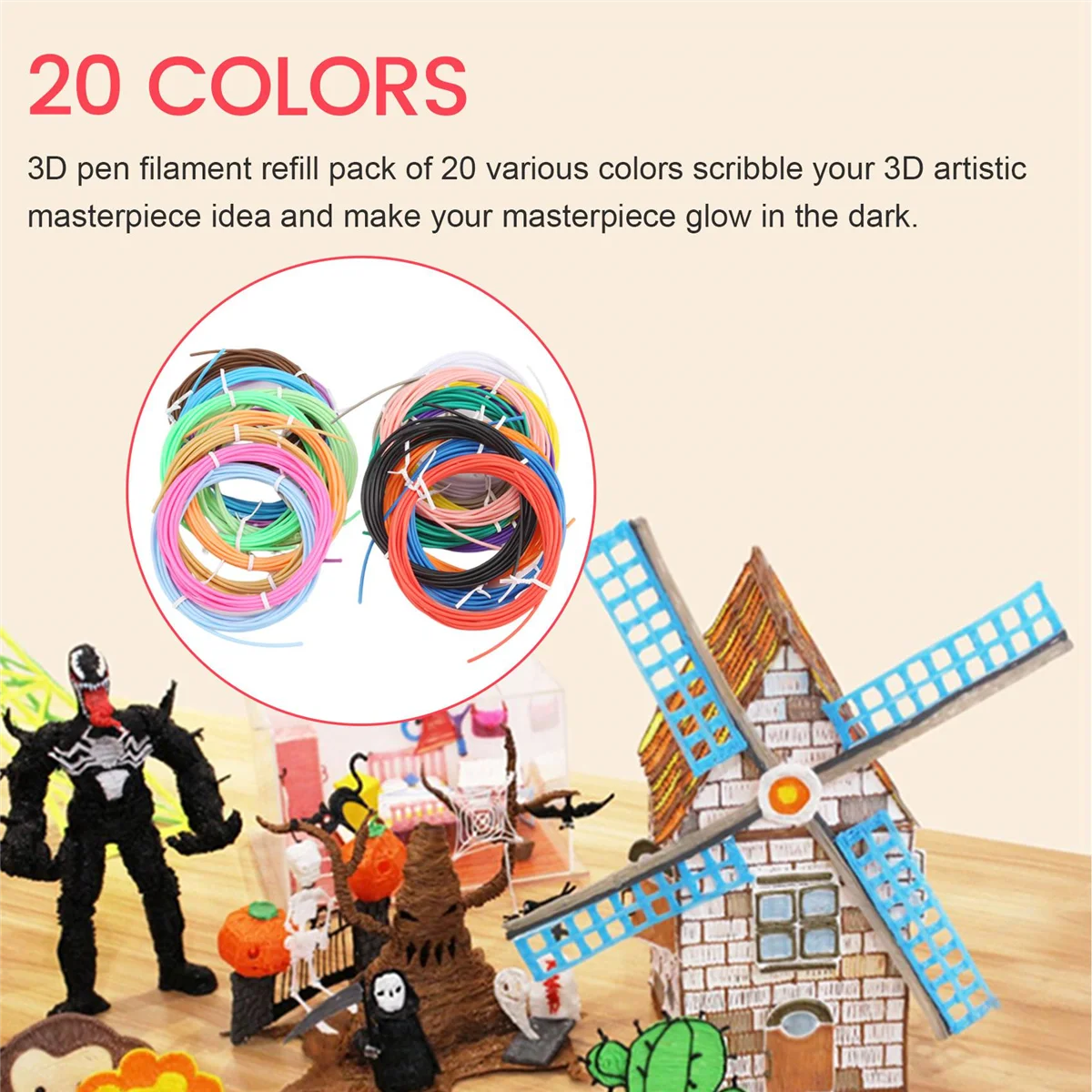 3D Printing Pen PCL Filament Refills 1.75mm, Pack of 20 Random Color, Low Melting Temp of 70℃, Gifts for Kids (200 FT)