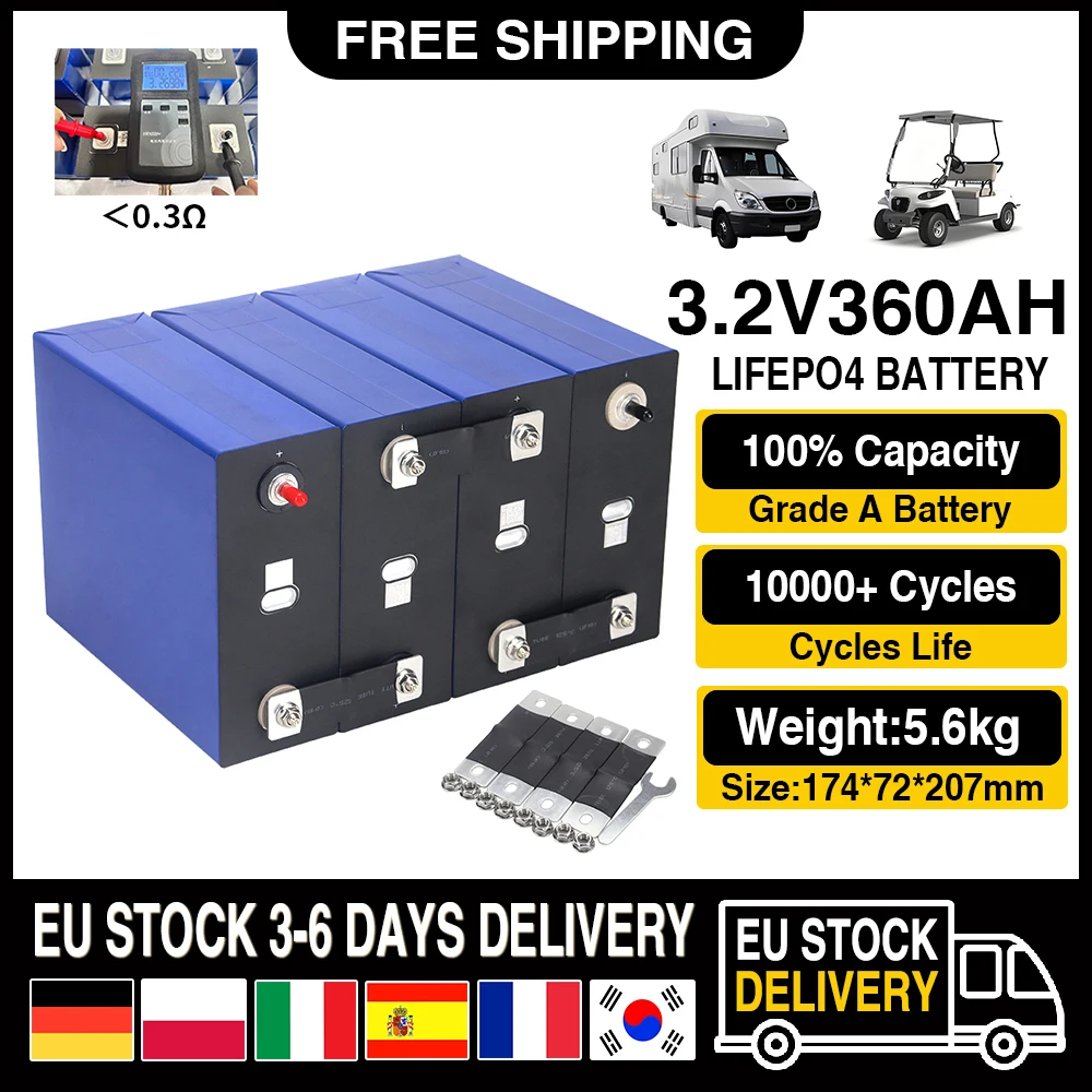 Neue 3,2V LiFePO4-Batterie 360Ah Klasse A Lithium-Eisenphosphat-Akku DIY 12V 24V 36V 48V Solar Wiederaufladbare Zellen-Packung Steuerfrei