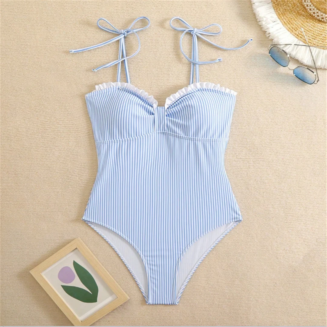 S - XL Neuer, sexy, gestreifter, geraffter, trägerloser Damen-Badeanzug, einteiliger Badeanzug, Damen-Monokini, gepolsterter Badeanzug, Badebekleidung, Schwimmanzug V6949 – Detail 10