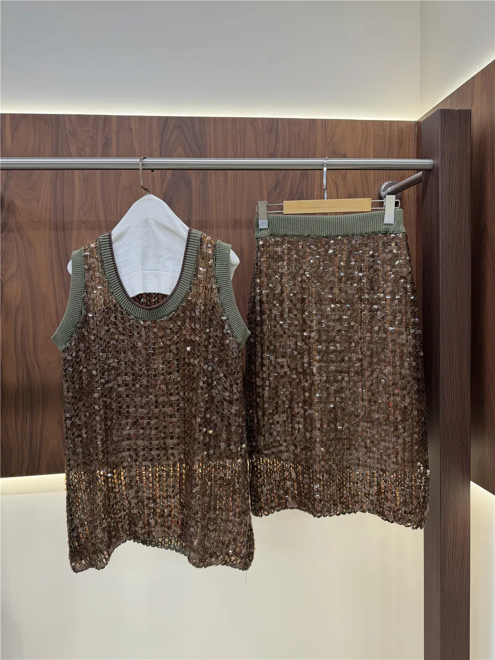 Heavy-Embellishment Sequin Openwork Tank Top and Midi Skirt Women 2-Piece Set