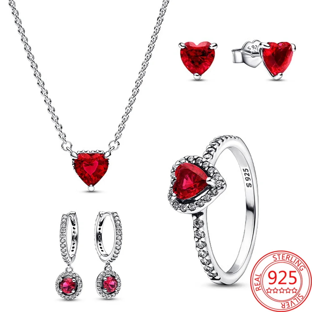 Nuovo 925 Sterling Silver Sparkling Heart Halo ciondolo Collier collana cuore rosso anello rotondo orecchini a cerchio Set di gioielli da donna regalo