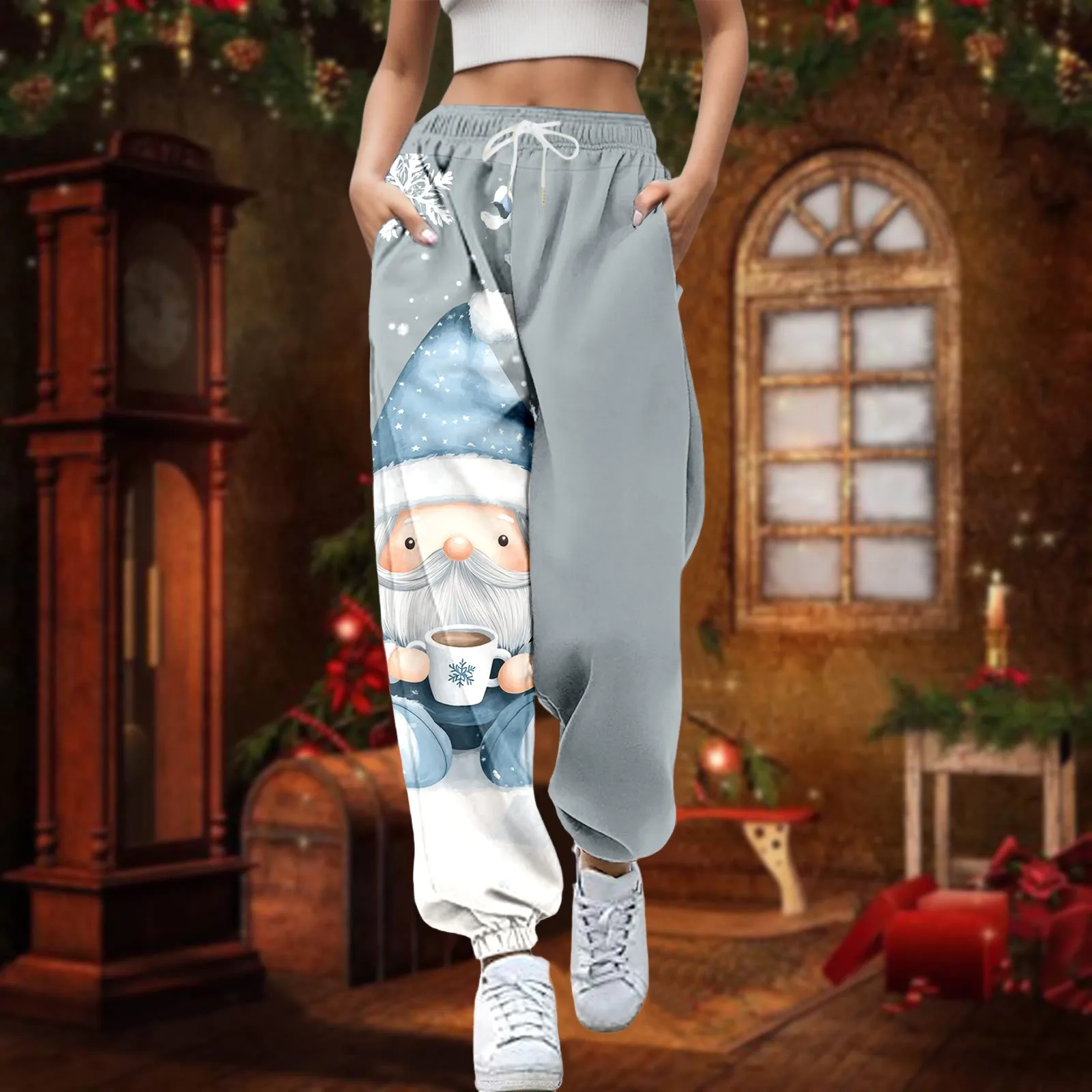 

Christmas Women's Sweatpants Santa Claus Printed Pants Fashion Casual High Waisted Lace Up Versatile Long Trousers