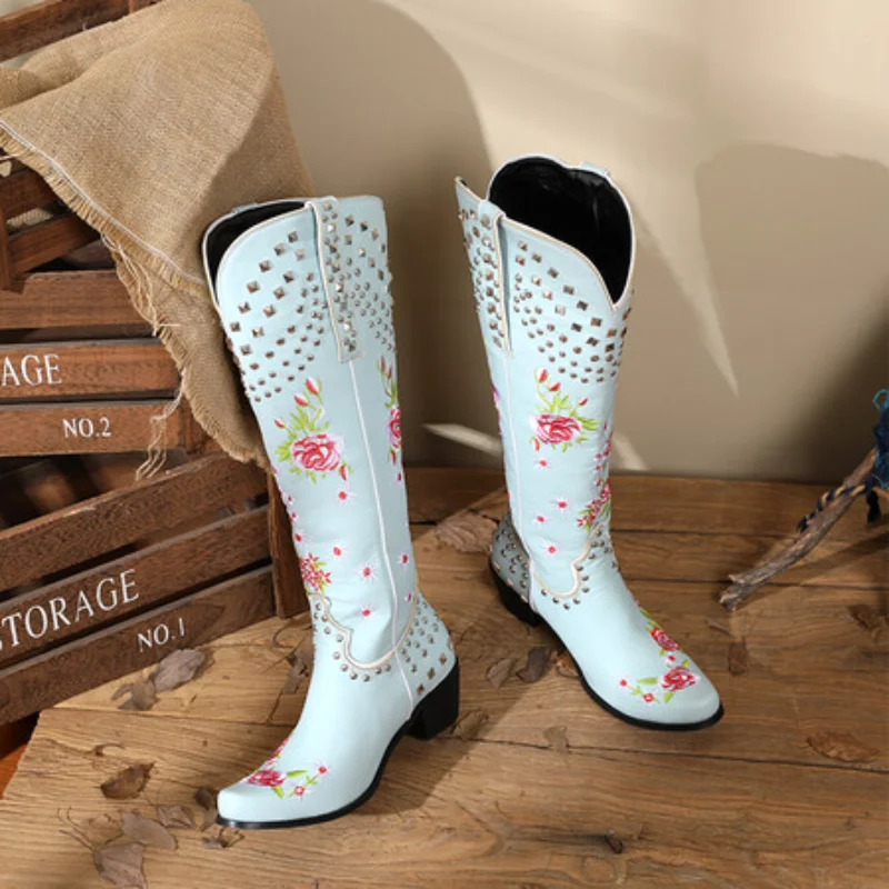 Women's Ethnic Embroidery Flower Western Cowboy Cowgirl Boots Kneehighs Boots Cowgirl High Heels Pointed Toe Vintage Style image 3