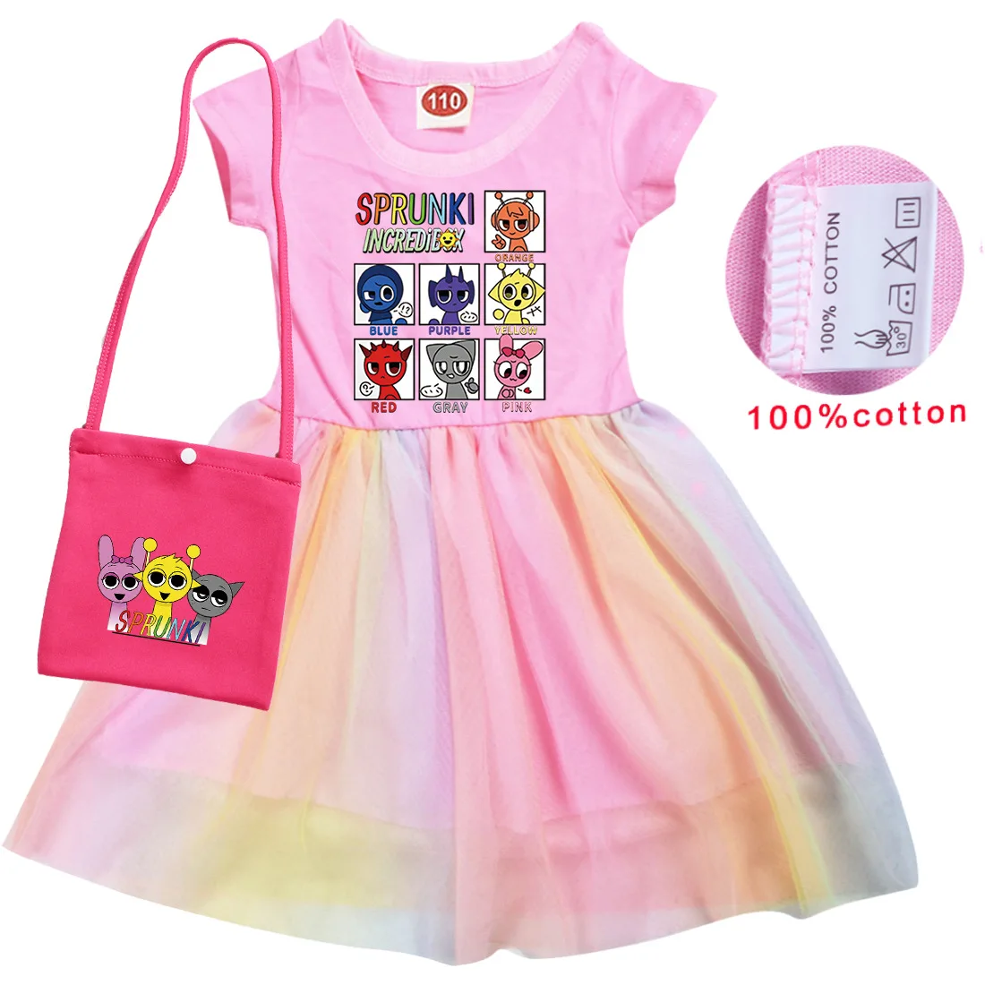 New Kids Sprunki Cartoon Clothes Baby Girls Casual Dresses Children Halloween Carnival Cosplay Costume Short Sleeve Dress & Bag