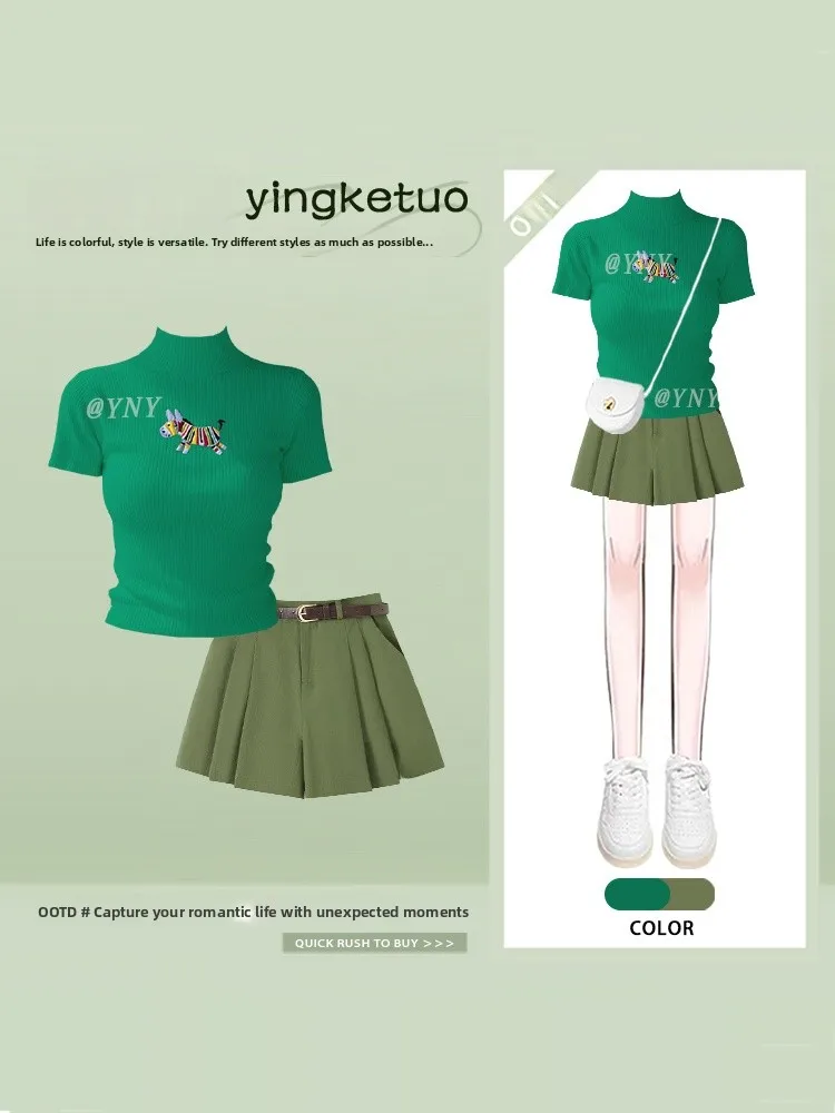 

Slimming Green Cartoon Short Sleeve Top And Shorts Set Women's Fashion Summer Outfit High Waist Short Skirt Animal Pattern