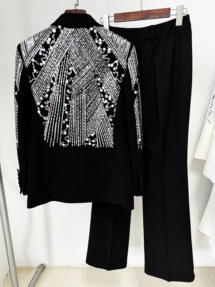 High Street Autumn  Women 2 piece Heavy Craft Sequined Single Button Elegant Fashion Blazer Solid Color Chic Pantsкостюм