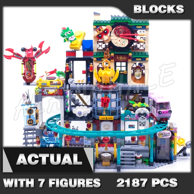 2187pcs Monkie Kid Monkey City of Lanterns Lotus Tavern Panda Store Air Train 70007 Building Blocks Toys Compatible With Model