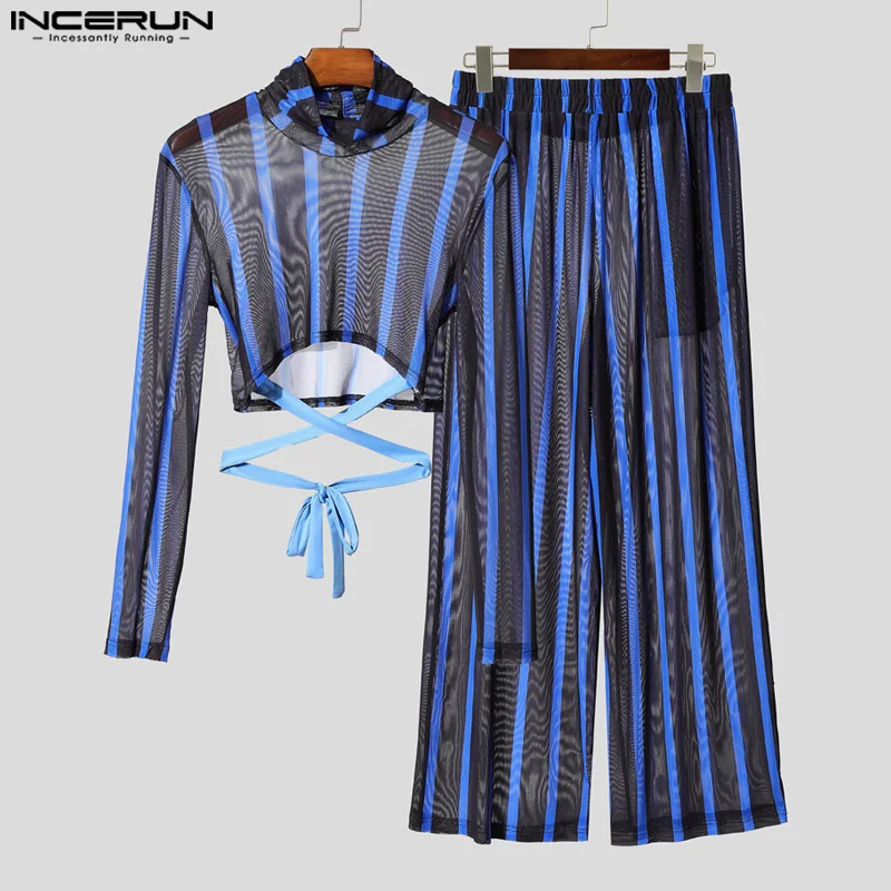 

INCERUN Мужские комплекты Полосатая сетчатая прозрачная водолазка с длинным рукавом Укороченная футболка и брюки Комплекты из двух предметов Уличная одежда Сексуальные мужские костюмы