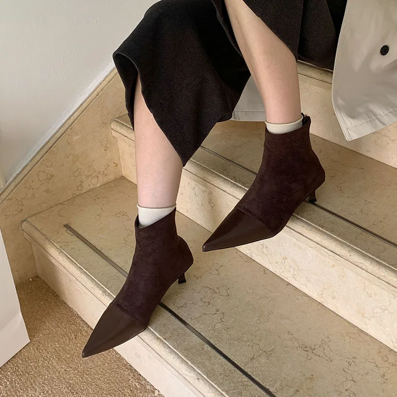 

Женская обувь на тонком низком каблуке, женские ботильоны, модное уличное платье с острым носком, женские короткие ботинки на молнии, обувь