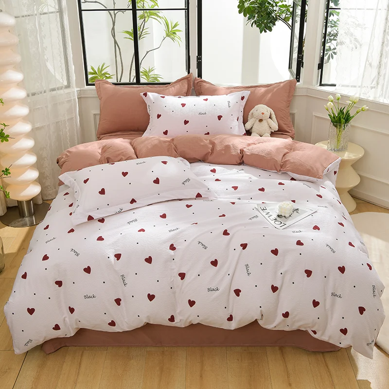 Romantic Love Heart Duvet Cover Full Kawaii Heart Shaped Black Dot Print Comforter Cover Soft Breathable Seersucker Bedding Set