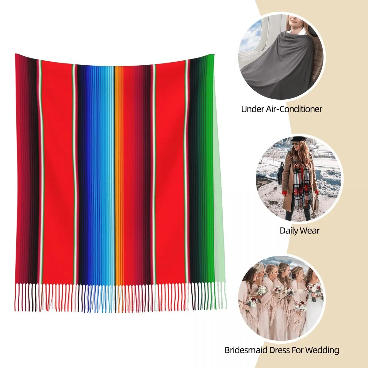 Traditional Mexican Scarf for Women Fall Winter Cashmere Shawls and Wrap Rainbow Ethnic Long Scarves with Tassel for Daily Wear