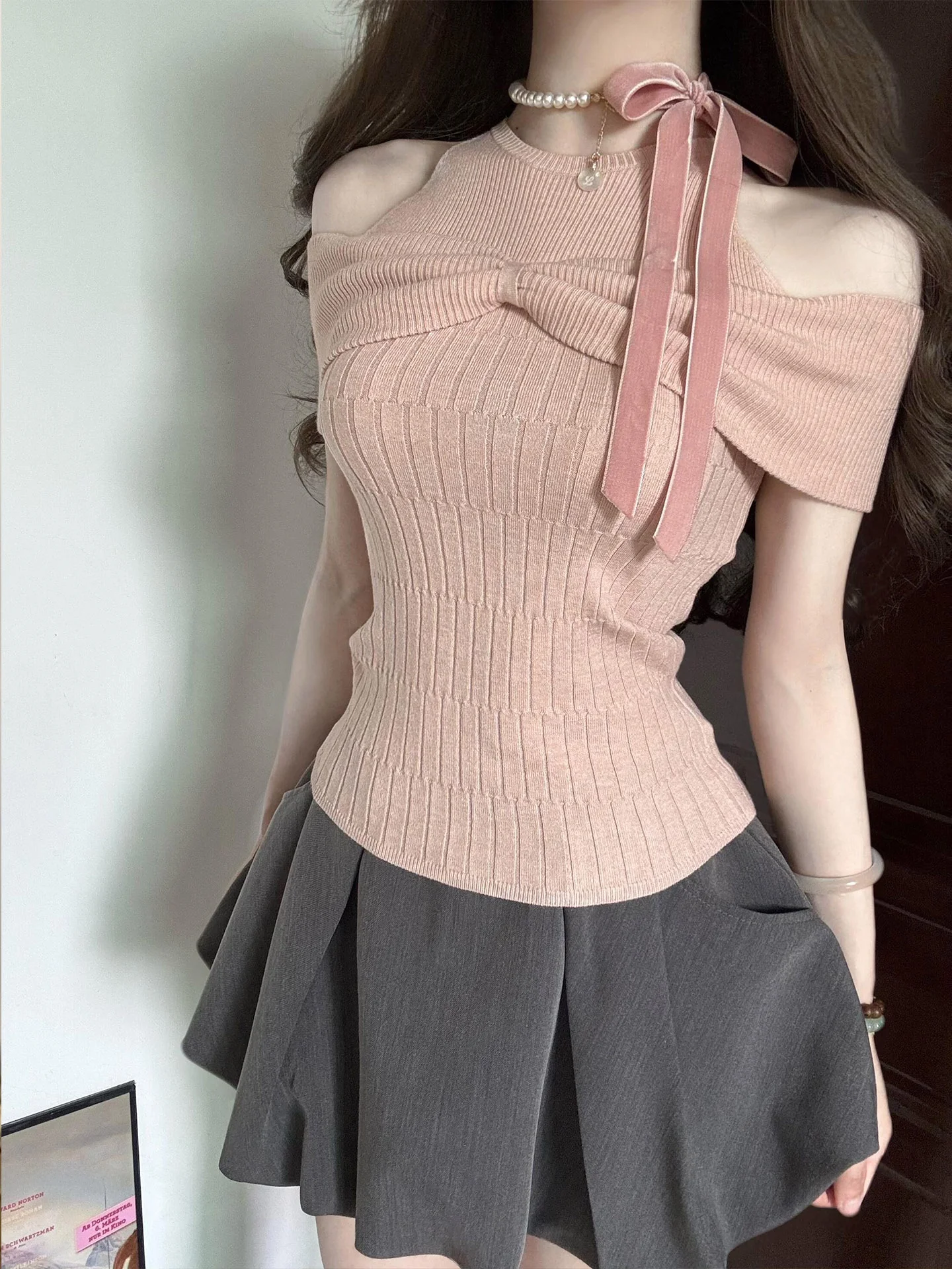 

Pink Knot Short Sleeve T-Shirt Women's Summer Knitted Top Unique Beautiful Waist-Cut Miniature Upper Body