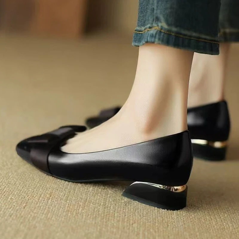 Flat Shoes Women Low Heel Pumps Ladies Female Footwear Square Toe Autumn Soft Retro Fall PU Roman Knot Elegant Office Commute