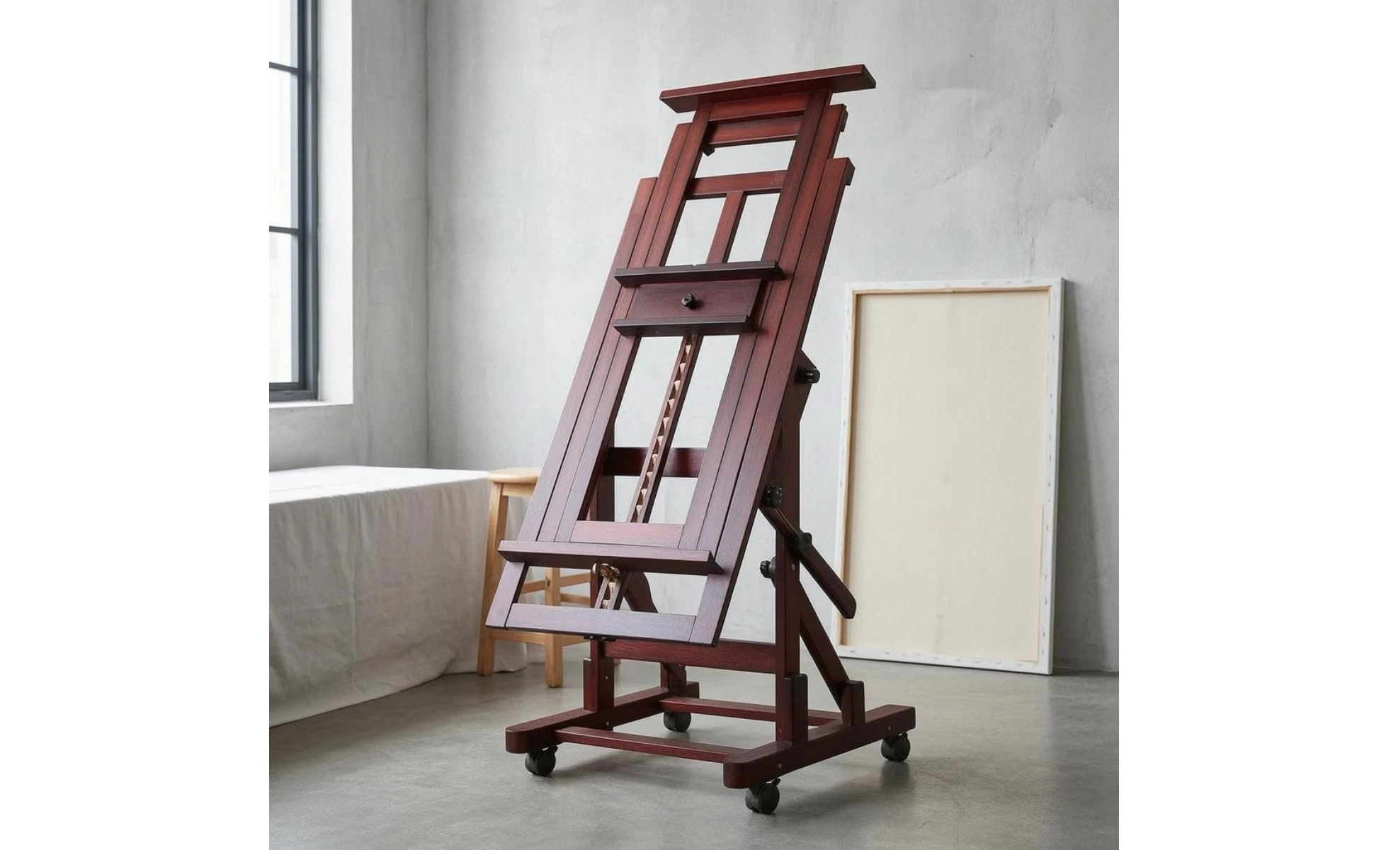 Rolling Studio Easel Horizontal and Vertical Adjustable Large Easel Art Supplies Solid Wood Wheeled for Artists, Gallery Display