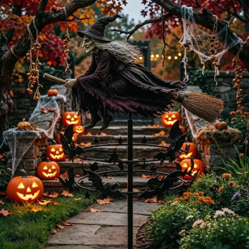 Witch and Bat Pattern Halloween Witch Garden Windmill Metal Halloween Yard Art Outdoor Decor Halloween Windmill Garden Pole
