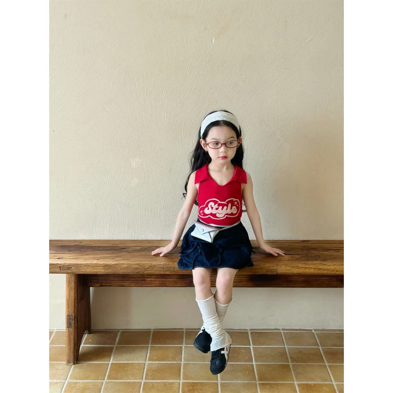 

Girls2025Summer New Suit Baby Girl's Fashionable Letter Lapel Vest+Denim Skirt Two-Piece Set