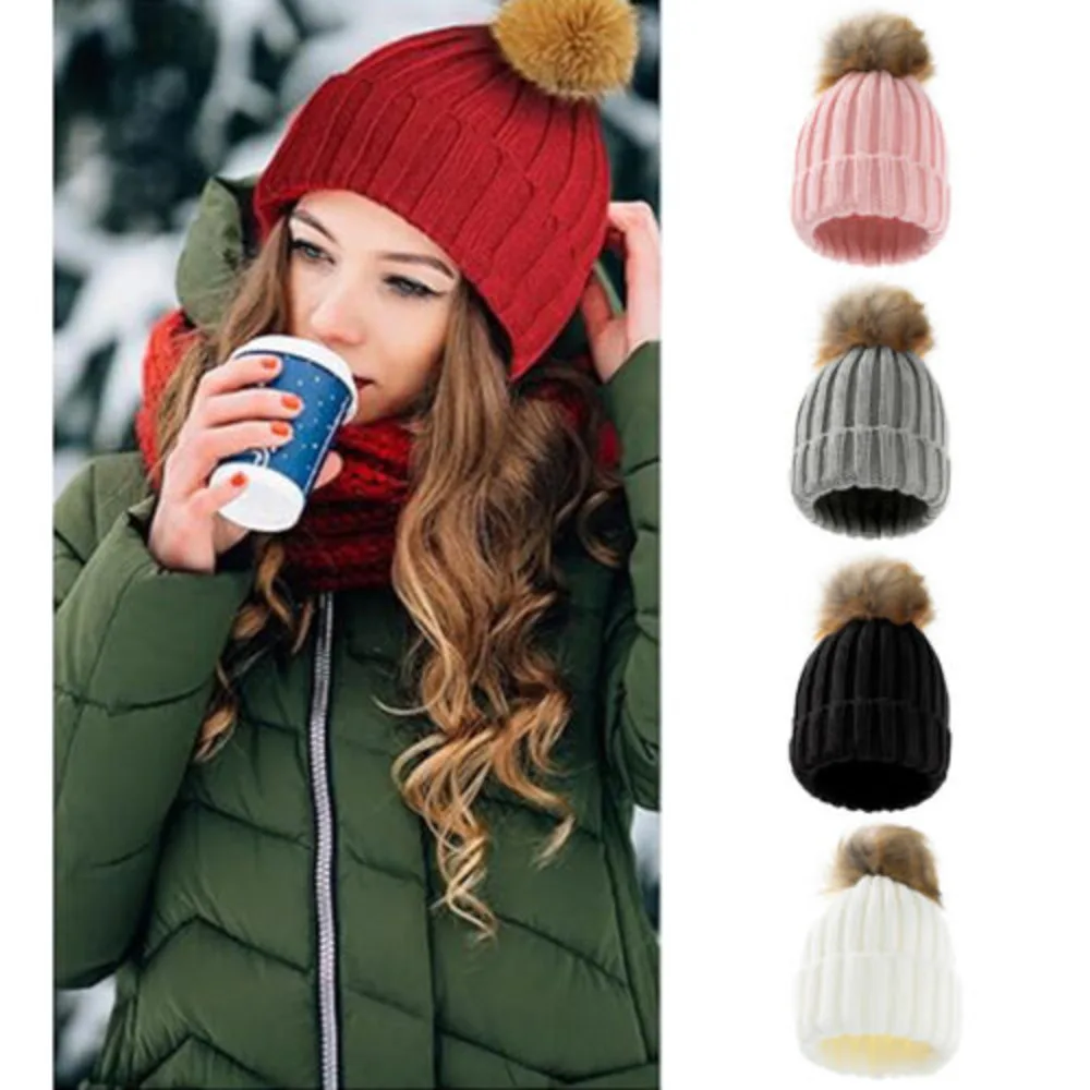 Ladies Womens Winter Warm Knitted Beanie Ski Faux Fur Bobble Pom Hat