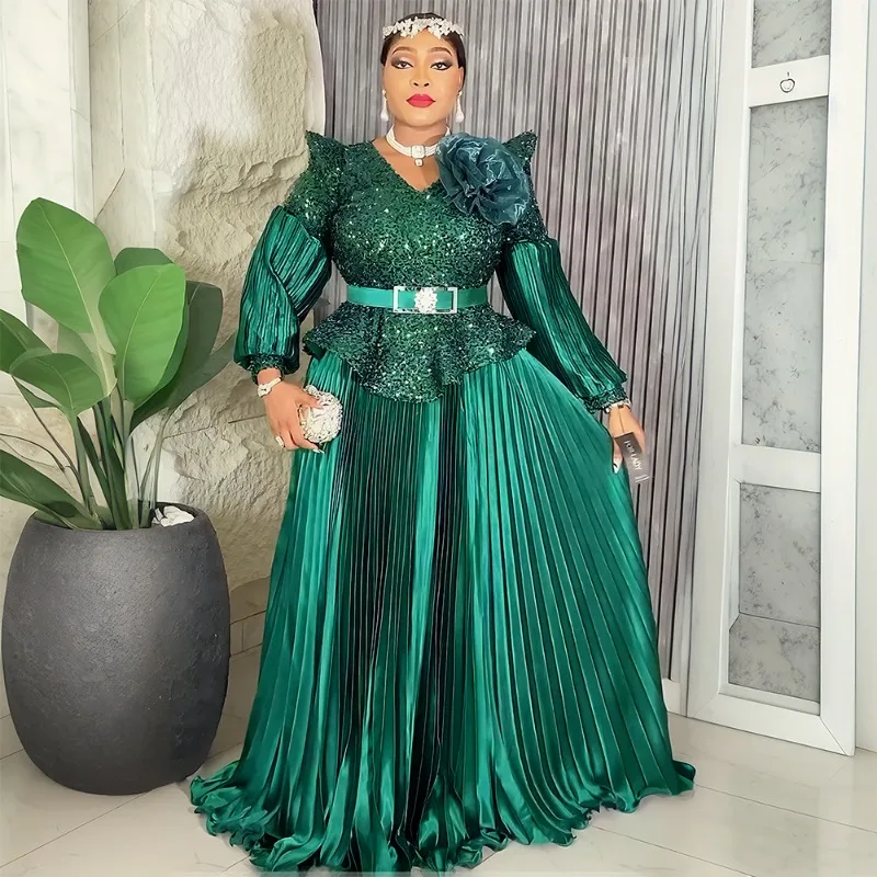 

Plus Size Fashion African Beaded V-neck Dress for Women Dashiki Ankara Kaftan Wedding Party Luxury Clothing Evening Gown