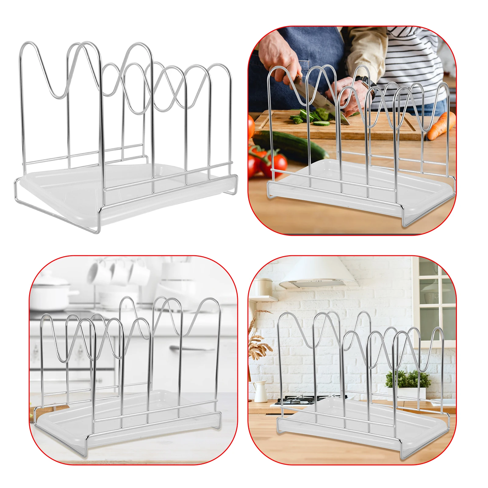

Stainless Steel Cutting Board Rack Pot Lid Organizer 4-Wave Design Drainage Tray Kitchen Storage Solution chopping board holder