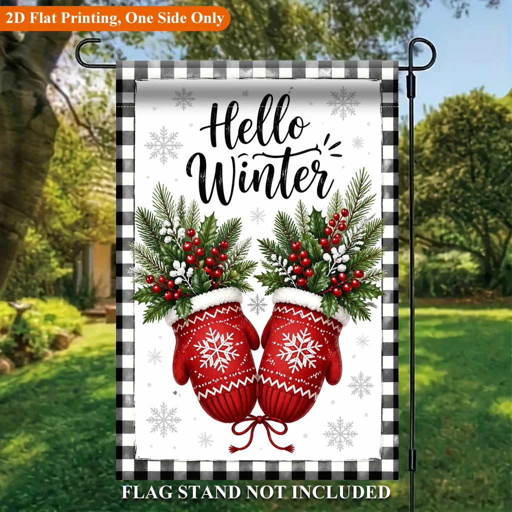 2D Flat Garden Flag 1 Piece, Winter Theme Red Plush Gloves Single-Sided Polyester Garden Flag, Holiday Yard Outdoor Flag for Outdoor Home and Yard Holiday Decorations, Valentine's Day, Mother's Day, St. Patrick's Day, Easter, Christmas, Thanksgiving