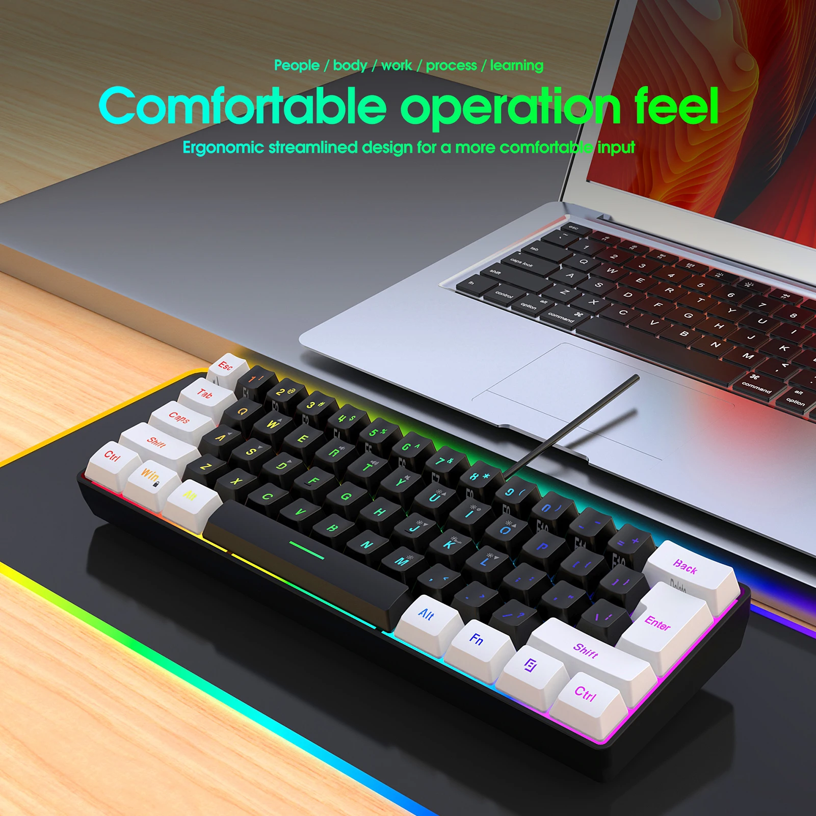 V700BW+A869 USB Computer Keyboard and Mouse Kit with 61-key Wired RGB Backlight + Wired Gaming Mouse Colorful LED Lighting