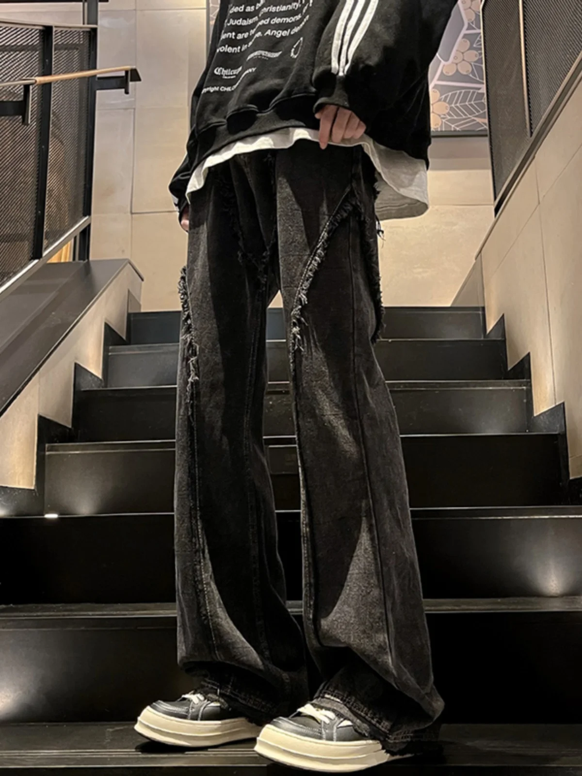 

Мужские джинсы прямого кроя в стиле High Street, американские ретро-джинсы с пэчворком и рваными элементами, свободный крой, модные осенние брюки-клеш