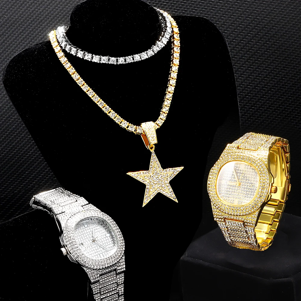 3pcs Hip-Hop Punk Stylish Wrist Watch Set Star Pendant+Tennis Chain+Watch Set Men Women Iced Out Trend Light Luxury Jewelry Gift