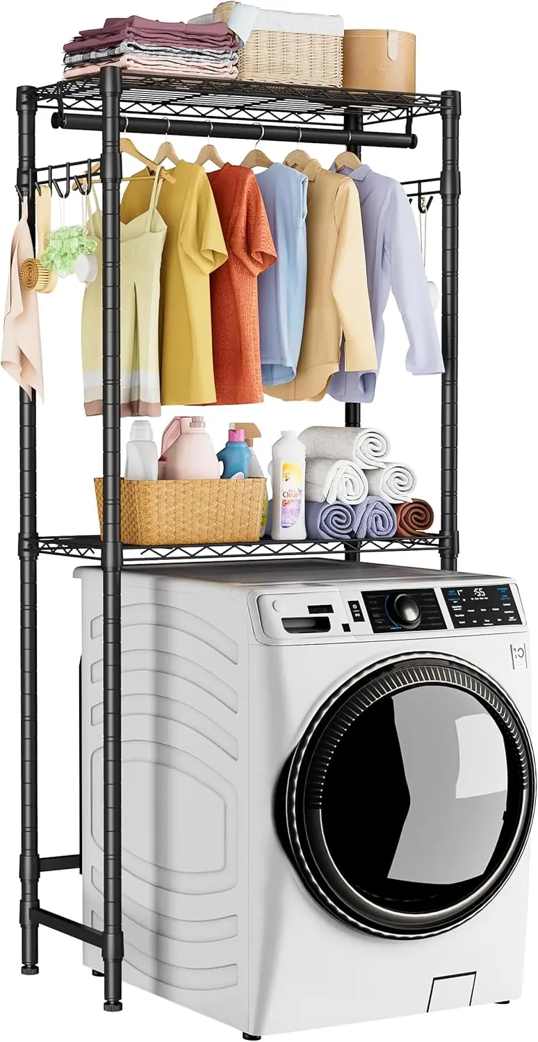 

Over Washer and Dryer Shelves, 2 Tier Adjustable Wire Shelving with Hanger Rod & Hooks for Laundry Room Storage, Black