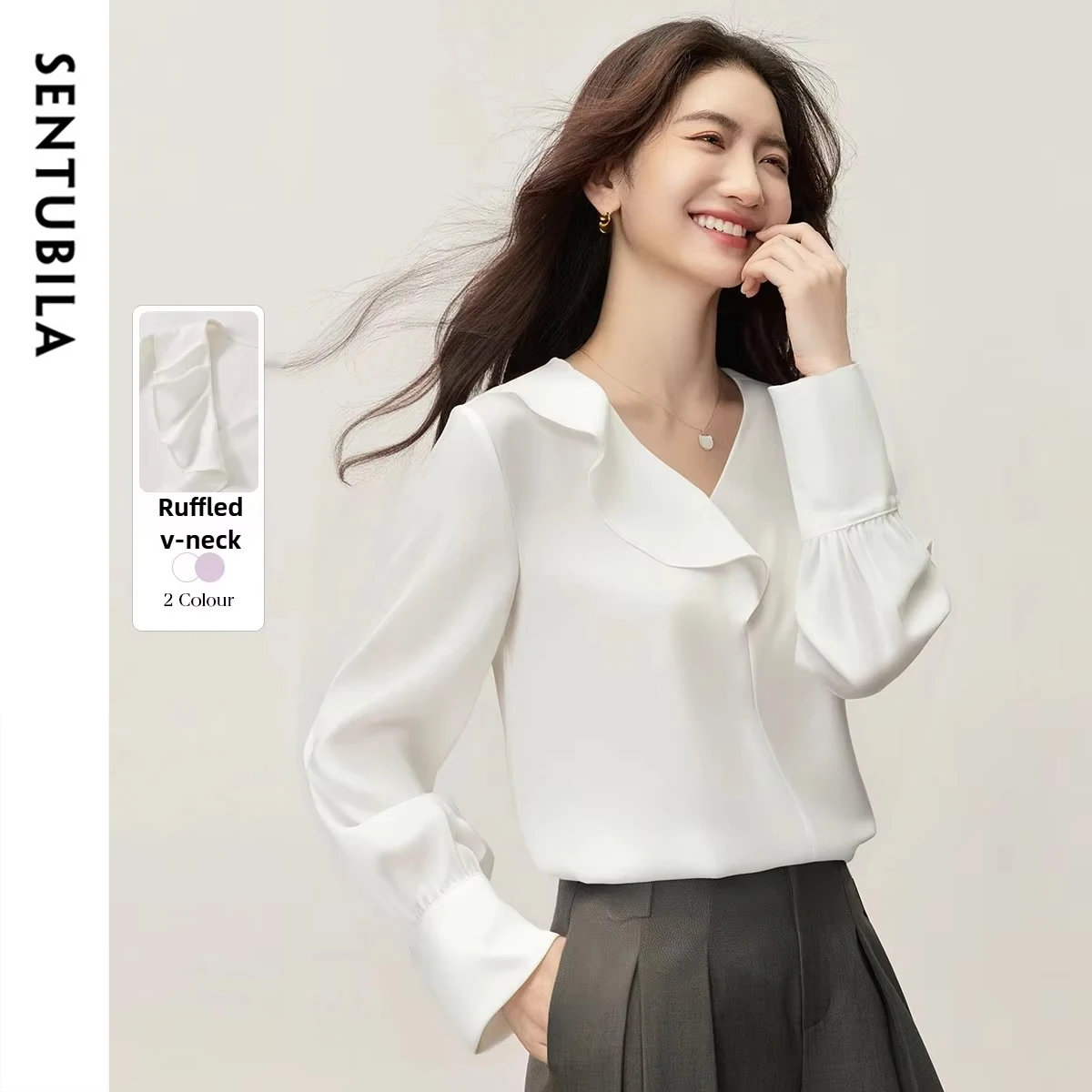 

SENTUBILA Women's Chiffon Blouse 2025 Autumn Asymmetrical Ruffle V-Neck Metal Art Buckle Shirts Elegant Draped Top 151V57520