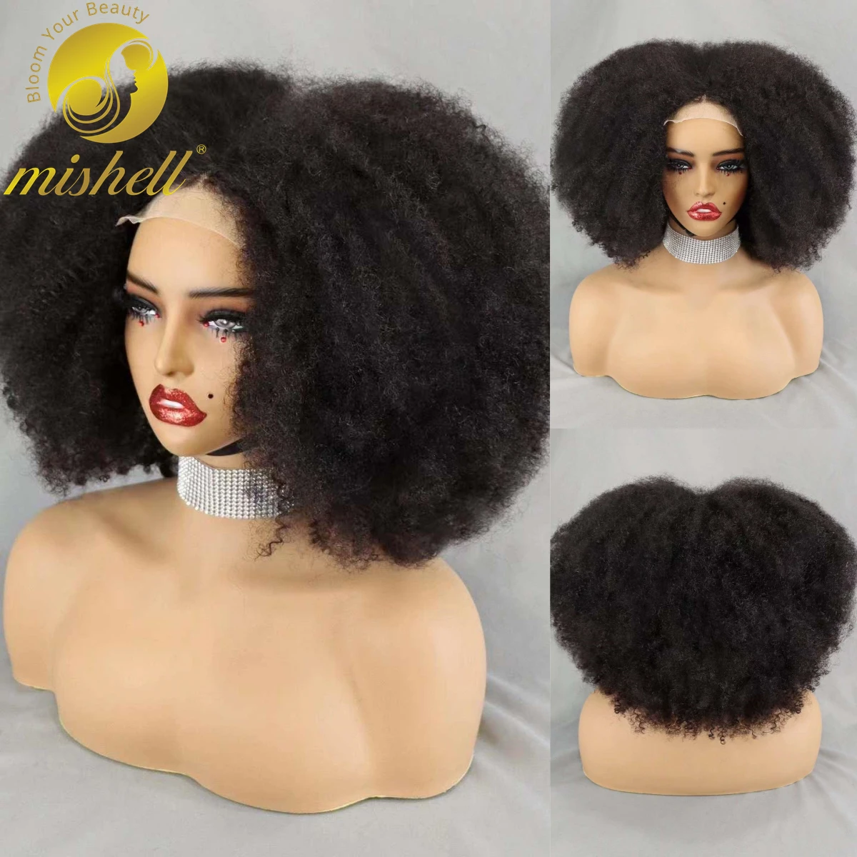 4x4 Lace Closure Hair Wigs 300% Density Remy Human Hair Bob Wigs 12-16 Inch Natural Kinky Afro Curly Hair Wigs for Black Women